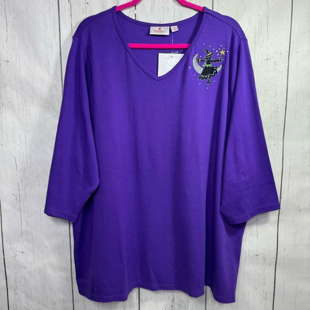Quacker Factory Purple Halloween Witch Top Plus Size 3X Rhinestone Moon & Star